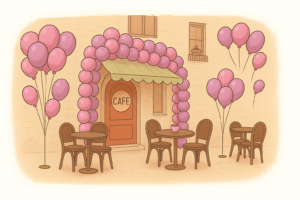 Café met ballonnenboog en terras